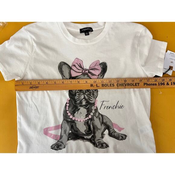 NWT Originality Frenchie Bows Graphic Crop Top Short Sleeve Ivory Women's XS - Picture 7 of 8